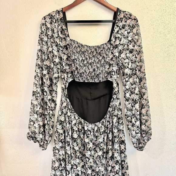 Lush Womens MIDI Dress W/ Puff Sleeve In Black Multi Floral- Size Large - Picture 8 of 14